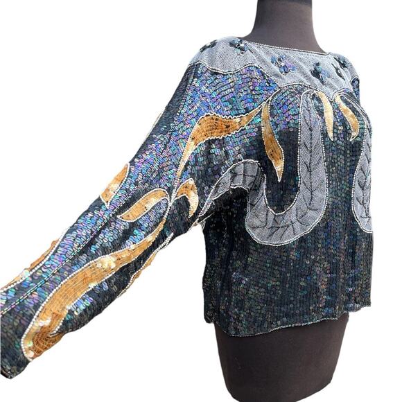 Vtg 80s Beaded Sequin Mesh Relaxed Silk Blouse M Disco Mobwife Glam Maximalist - Picture 1 of 7